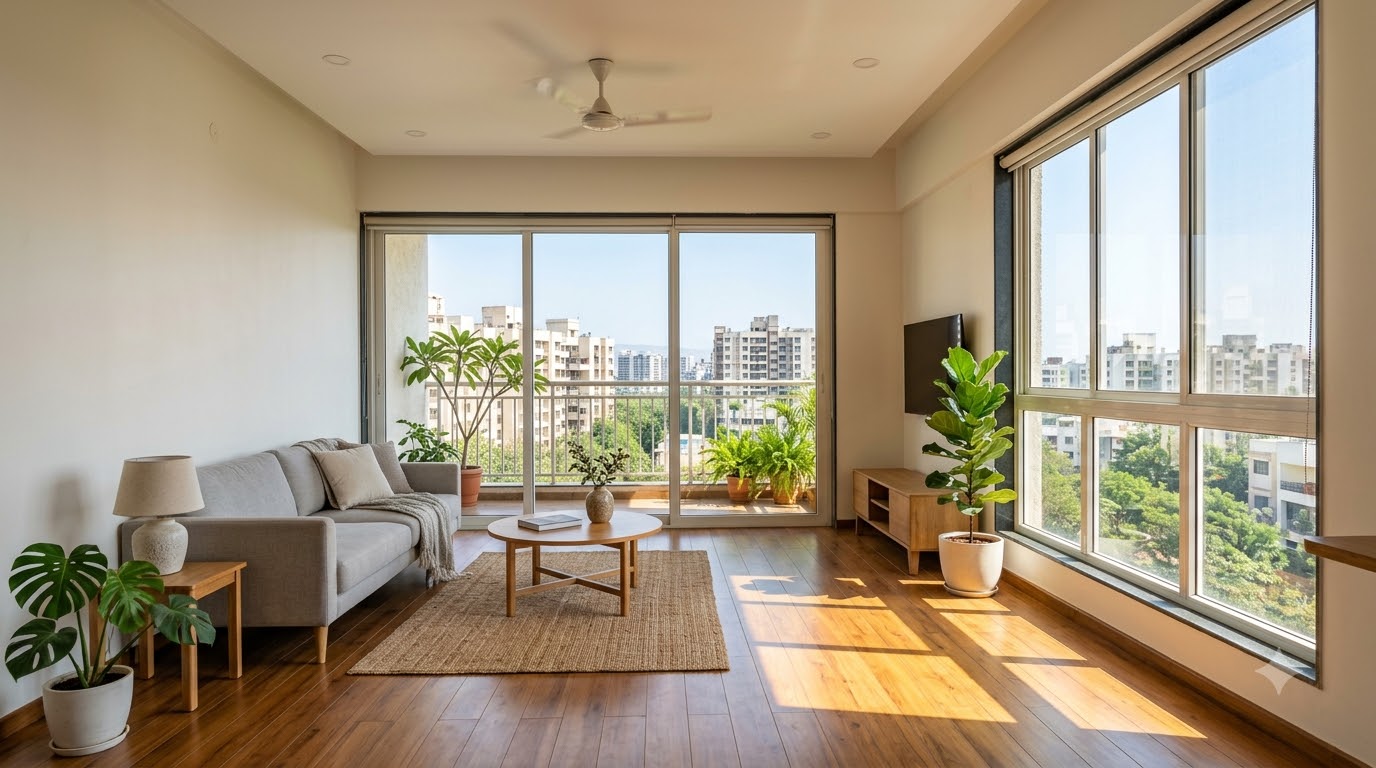 Bright well-planned living room with cross ventilation inside a modern Pune apartment