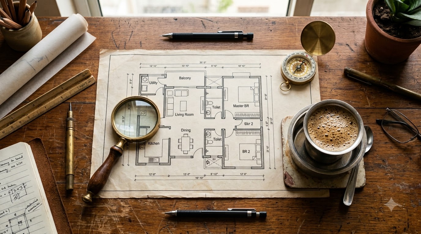 2 BHK floor plan with a brass compass used to check Vastu directions