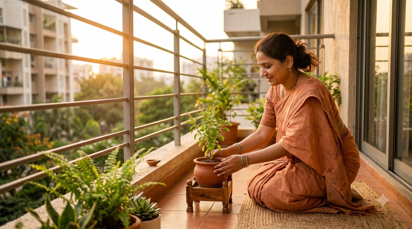 Woman placing a small Tulsi plant on the sunlit balcony of a modern Pune 2 BHK apartment