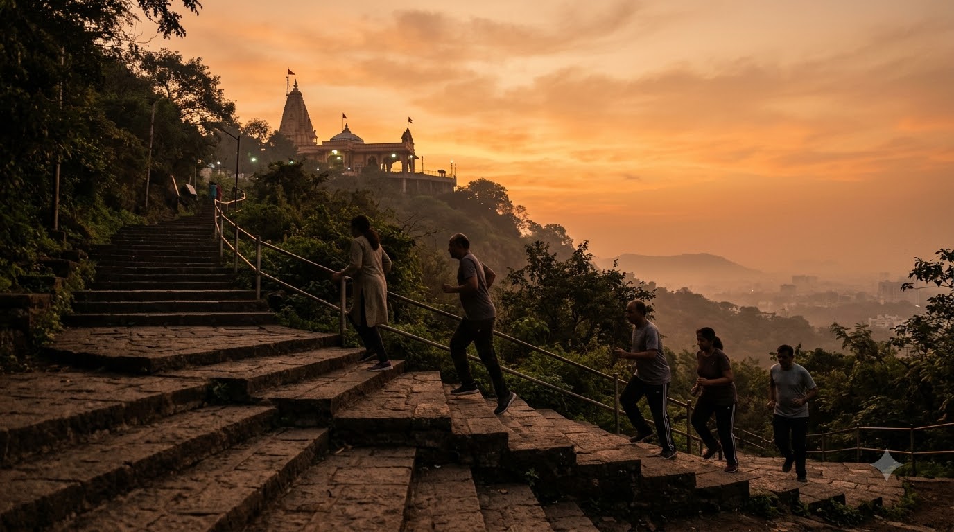 Indian joggers climbing stone steps toward Chaturshringi temple in Pune at sunrise