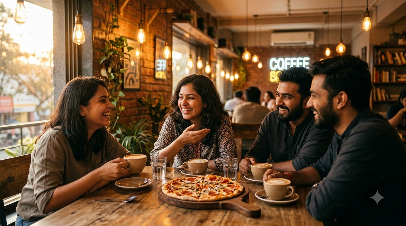 Friends chatting over coffee and pizza at a warm modern Kothrud cafe at golden hour