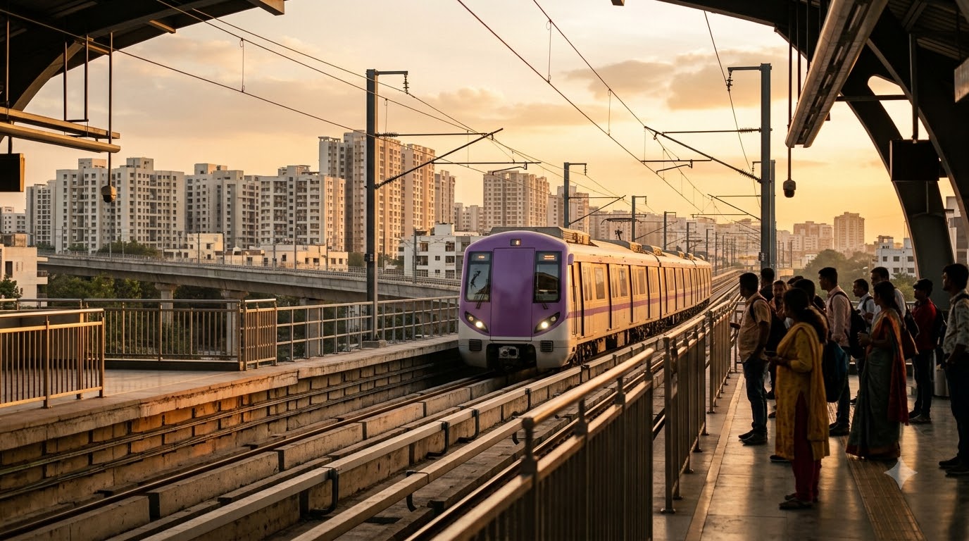Pune Metro Line 1 train arriving at an elevated station in west Pune at golden hour