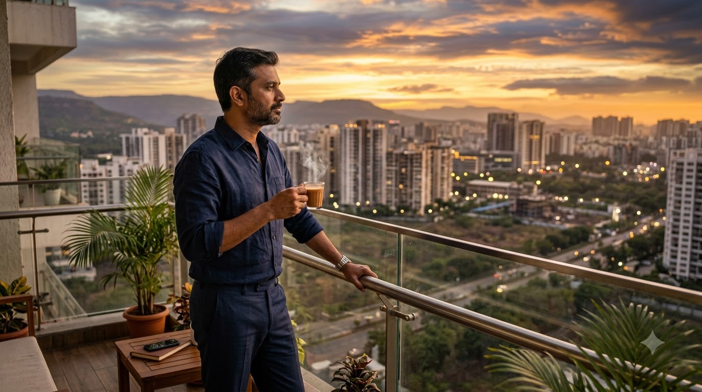 Indian investor with a cup of chai on a modern Pune apartment balcony overlooking the west Pune skyline
